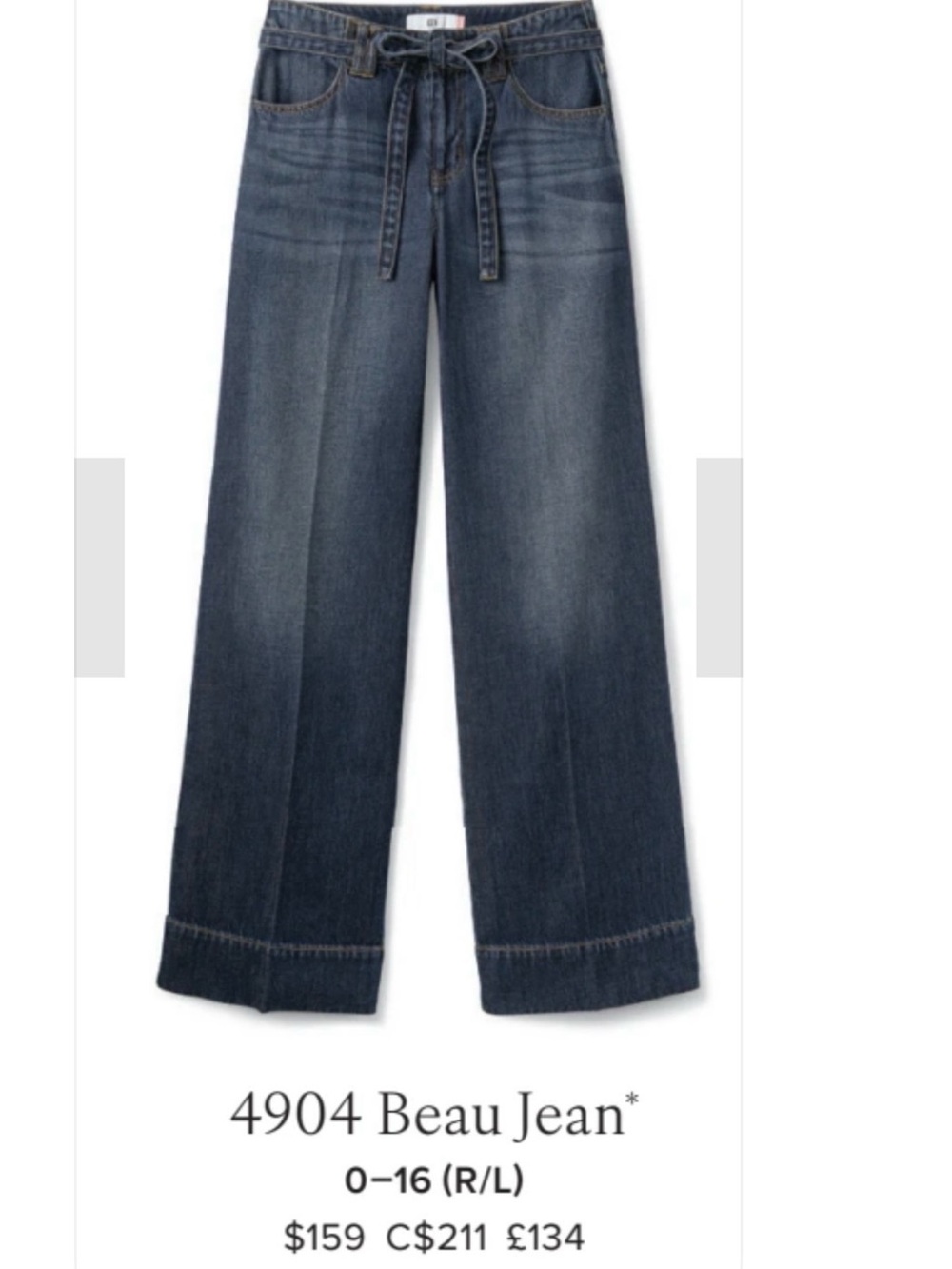 CAbi Dark Blue Wide-Leg Tie-Waist Jeans NEW THIS SEASON. NWT. 4 fits like a 6.